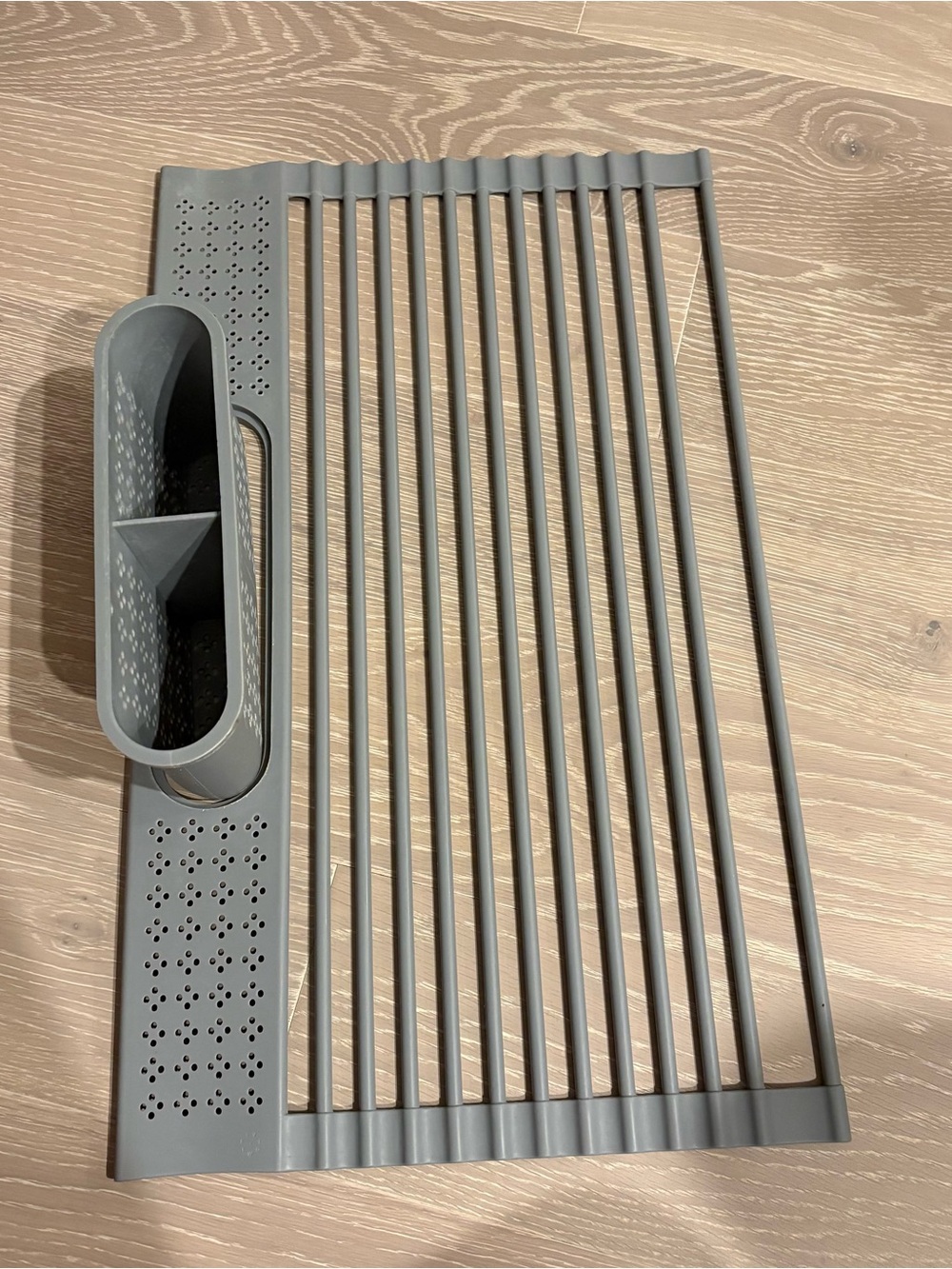 Gray Over-Sink Roll-Up Dish Drying Rack with Utensil Holder